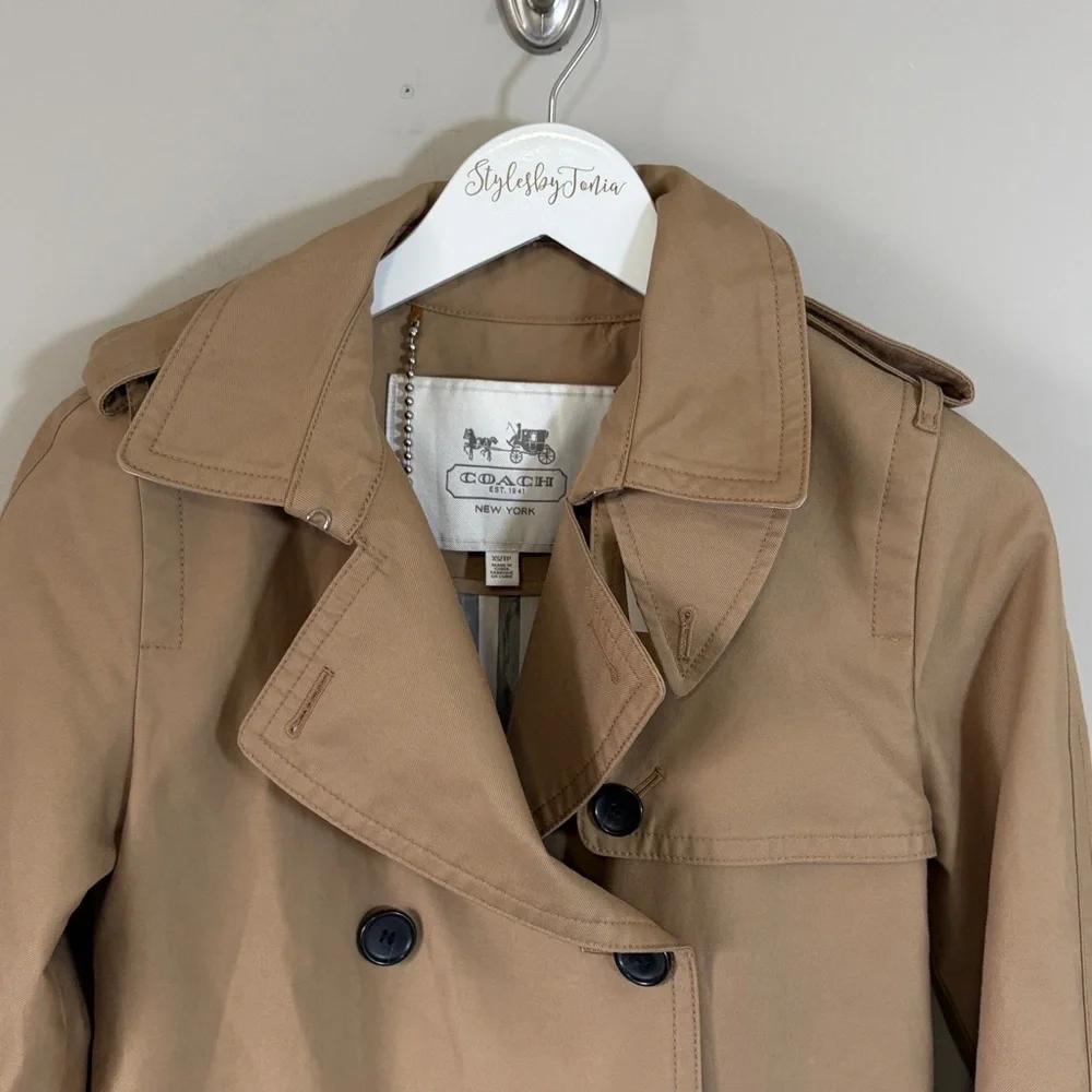 Coach Signature Lapel Short Trench Coat tan khaki  Striped Liner Designer sz XS
